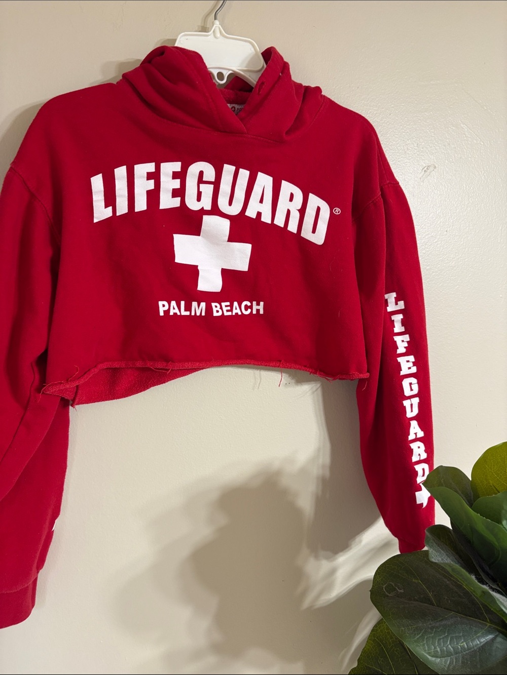Red 'Lifeguard Palm Beach' Cropped Hoodie